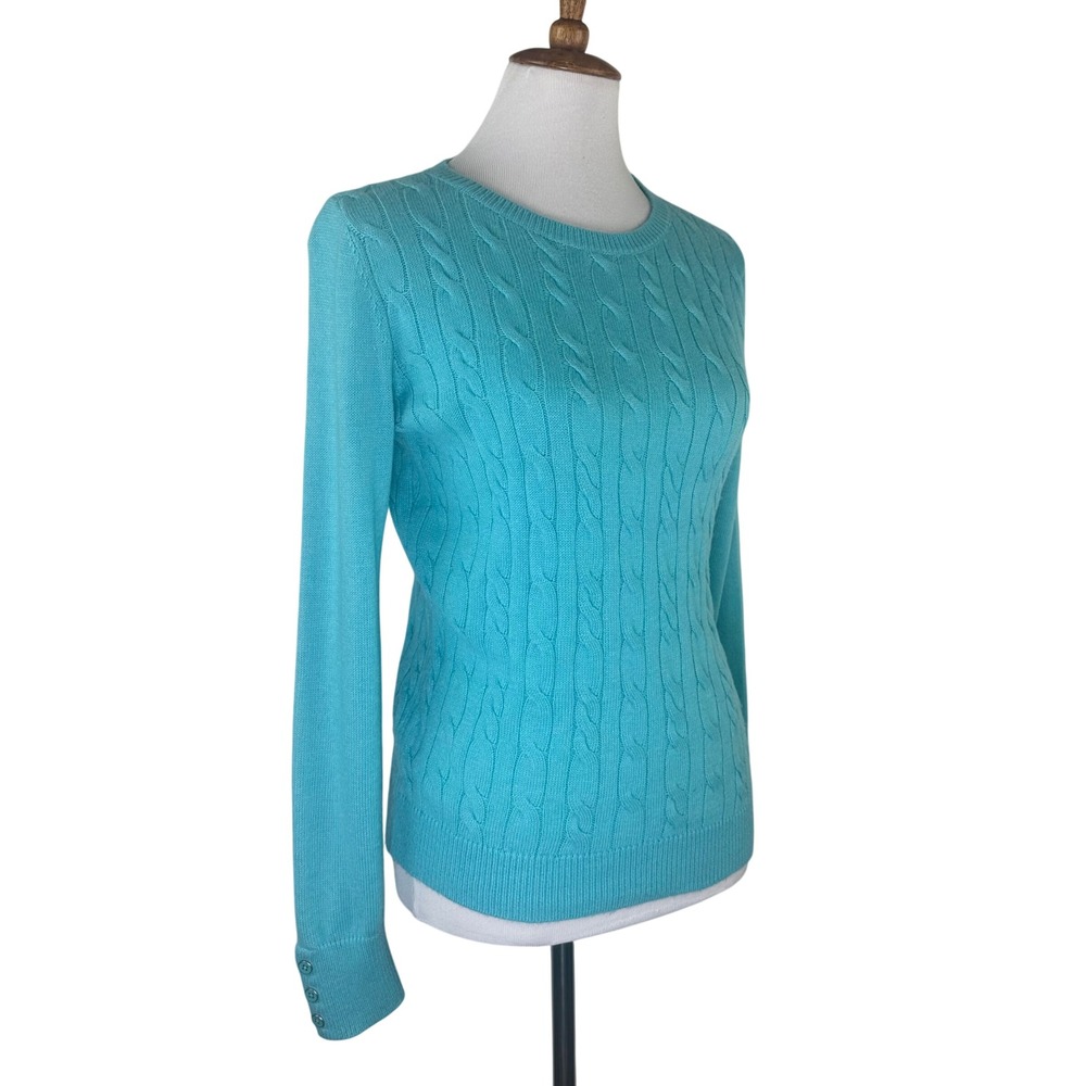 Talbots Lambswool Cable Knit Sweater Turquoise Blue Button Cuff Crew Petites S